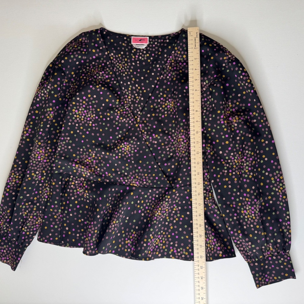 Kate Spade Polka Dot Wrap Blouse Size XS Black‎ Peplum Long Sleeve Preppy Office - Picture 6 of 8